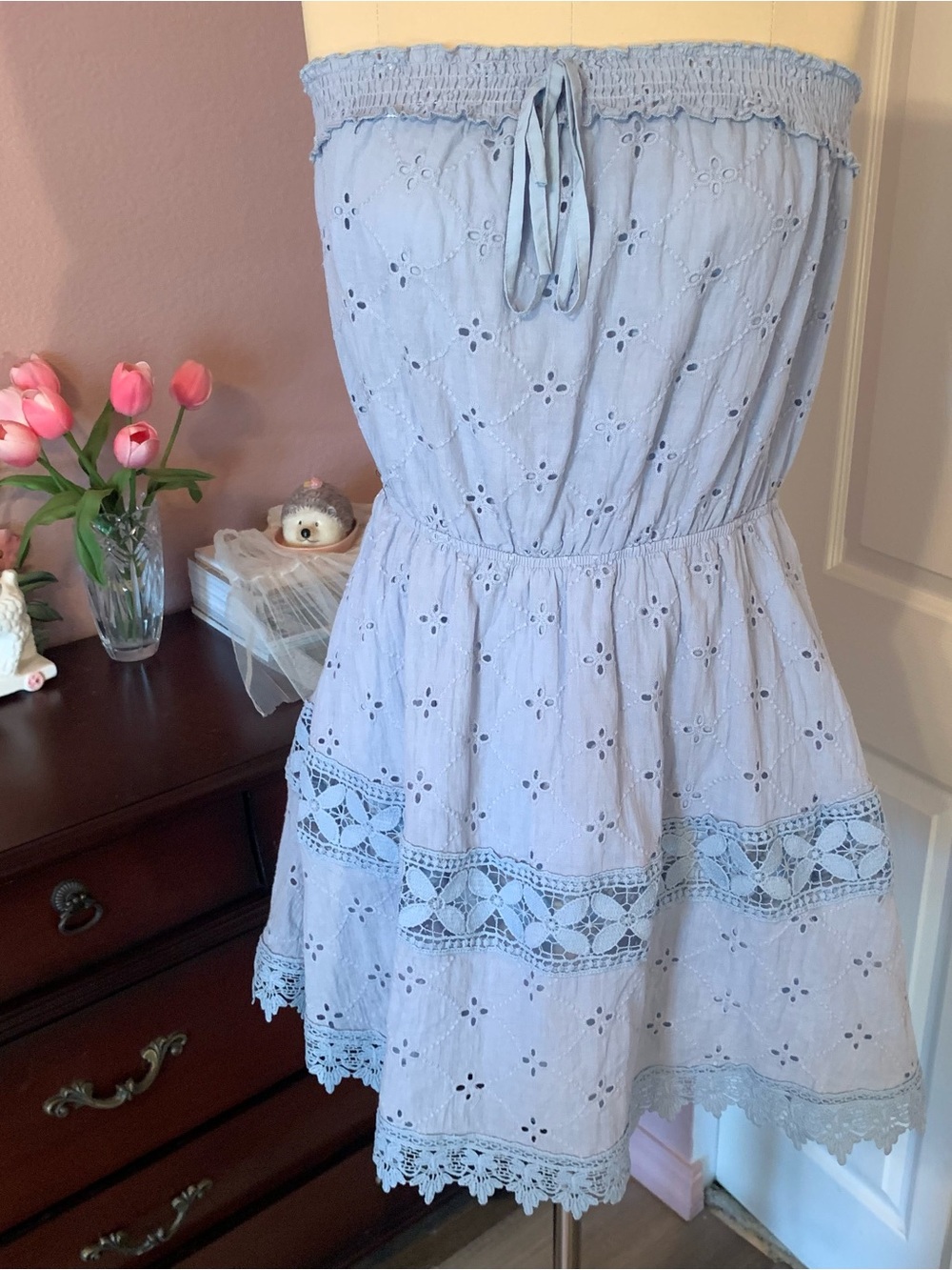 Cotton Eyelet Strapless Women's Dress in Light Blue